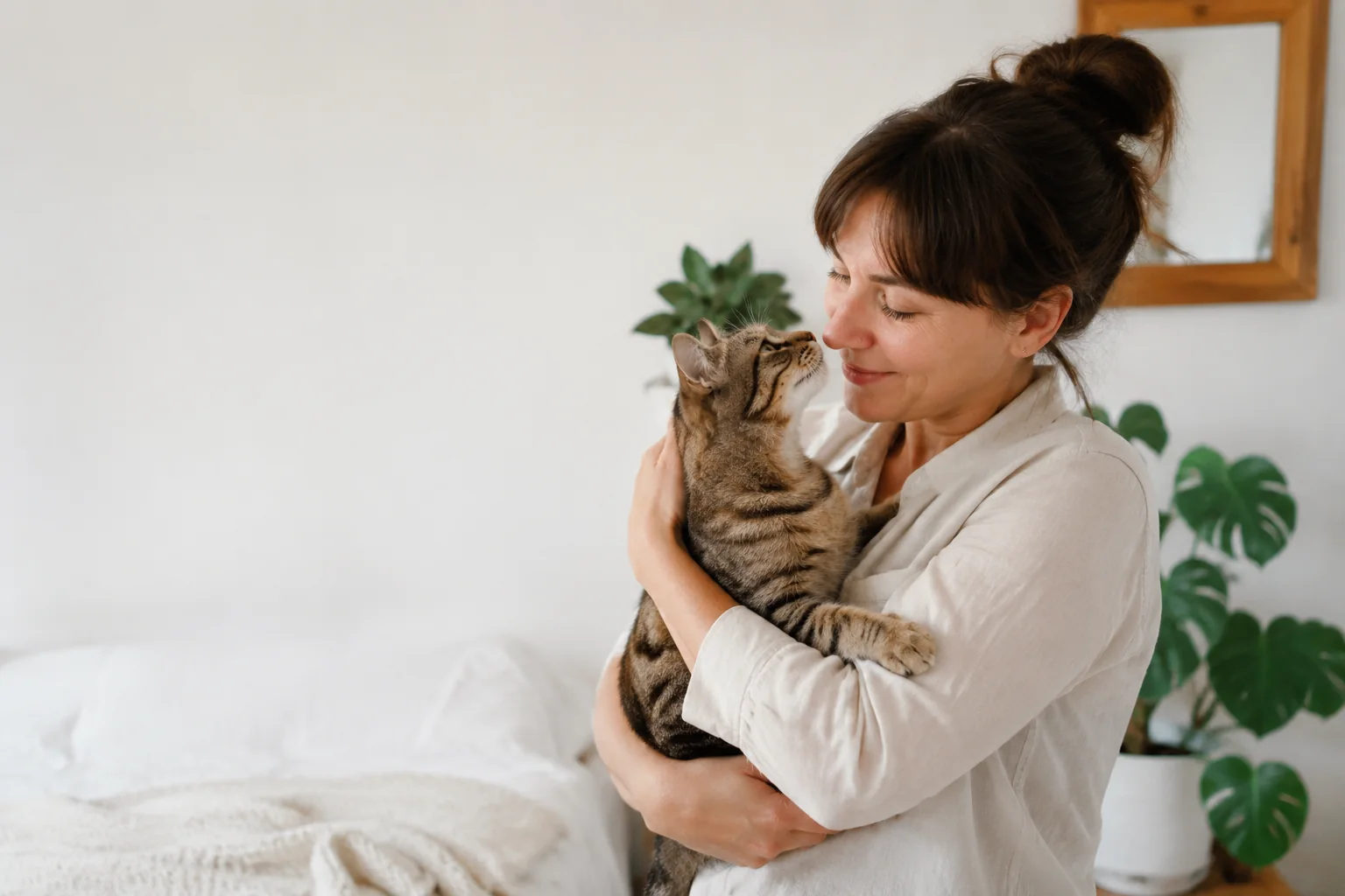 A woman holding her cat close before a long-distance journey